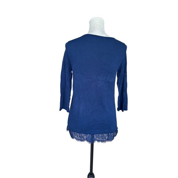 Chicos 3/4 Sleeve Lace Hem Navy Top Size 00 Layering Piece Office Thermal - Picture 11 of 12